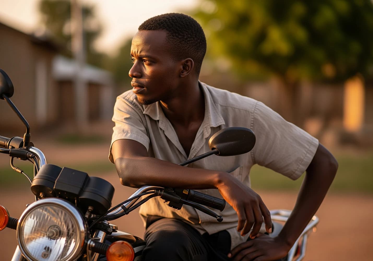 A young man pondering on a motorcycle